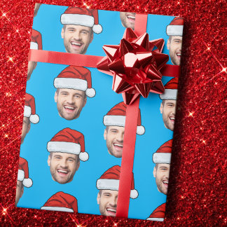 Papel De Regalo Personalised Face Santa Hat Blue Gift Wrap