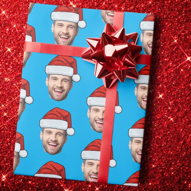 Papel De Regalo Personalised Face Santa Hat Blue Gift Wrap (Subido por el creador)