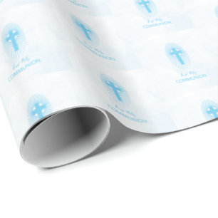 Papel De Regalo Personaliza, Cruz de Primera Comunión Niño Azul