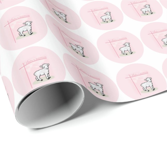 Papel De Regalo Personalizable, bautismo, rosa, Chica, cordero (Esquina del rollo)