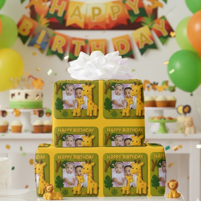 Papel De Regalo Personalizable de foto de cumpleaños de Cute Giraf (Subido por el creador)