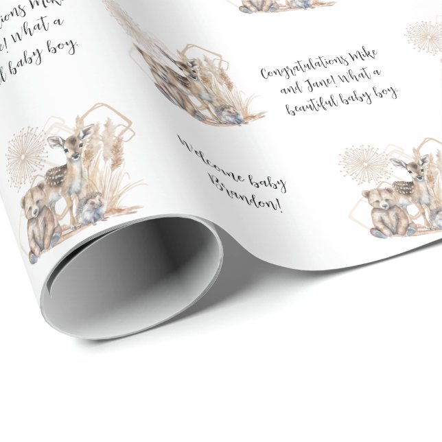Papel De Regalo Personalizable Woodland Forest Animal Baby Shower (Esquina del rollo)