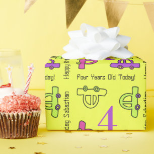 Papel De Regalo Personalizado Amarillo Coches Cuarto Cumpleaños