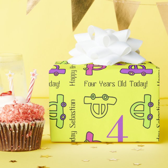 Papel De Regalo Personalizado Amarillo Coches Cuarto Cumpleaños (Fiesta de cumpleaños )