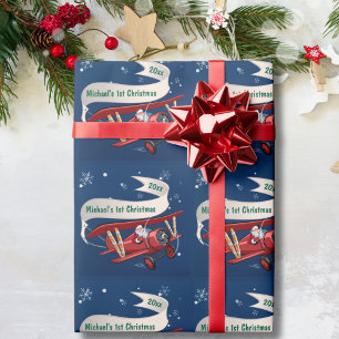Papel De Regalo Personalizado, Avión Rojo y Santa, Primera Navidad