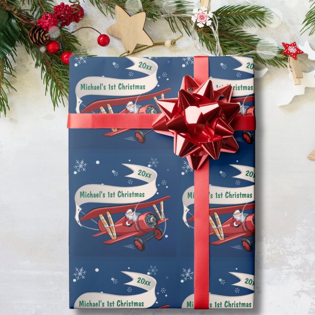 Papel De Regalo Personalizado, Avión Rojo y Santa, Primera Navidad (Subido por el creador)