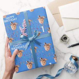 Papel De Regalo Personalizado Azul Foto Niños Primer Fiesta de Cum