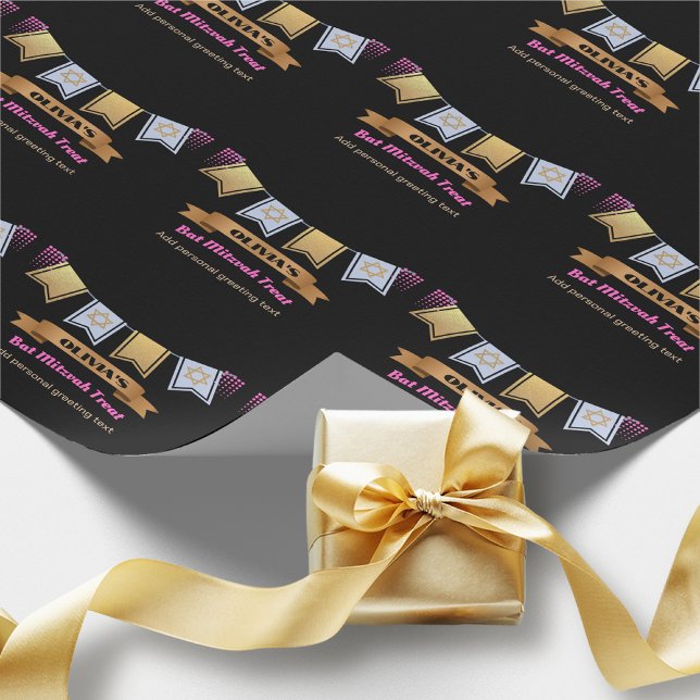 Papel De Regalo Personalizado Bat Mitzvah Oro Rosa Negro (Subido por el creador)