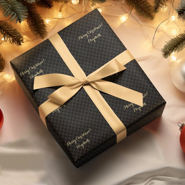 Papel De Regalo Personalizado Black Modern Check Pattern Faux Gold (Custom Black Modern Check Pattern Faux Gold Script Wrapping Paper)