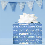 Papel De Regalo Personalizado Blue Birthday Boys Nombre Collage<br><div class="desc">Papel de ajuste de color de nombre azul de Guay para el cumpleaños de un niño decorado con nueve tipos de letra diferentes que escriben su nombre en blanco. Un bonito envoltorio de regalo para personalizados con tipografía divertida en blanco.</div>