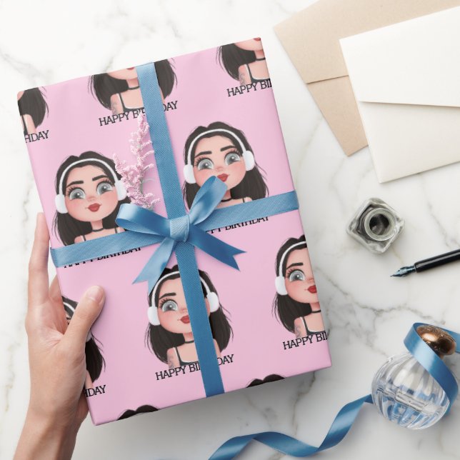 Papel De Regalo Personalizado Chica de cumpleaños con audífonos (Regalar)