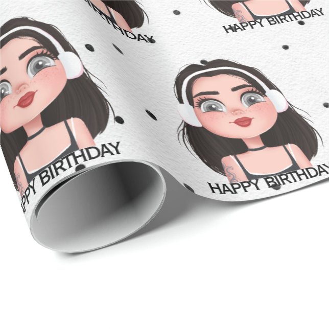 Papel De Regalo Personalizado Chica de cumpleaños con audífonos (Esquina del rollo)
