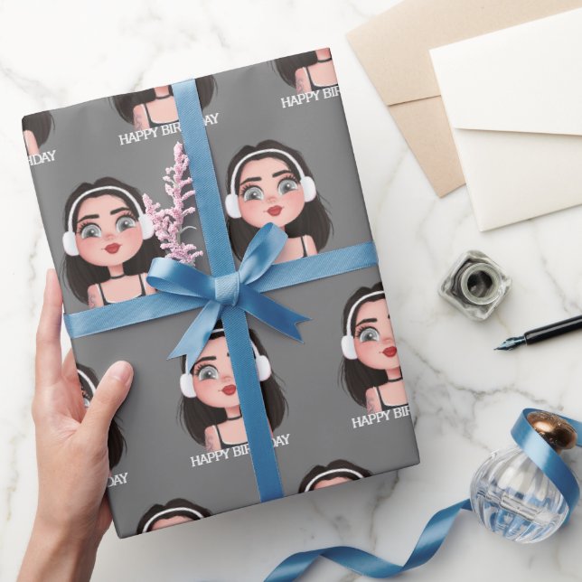 Papel De Regalo Personalizado Chica de cumpleaños con audífonos (Regalar)
