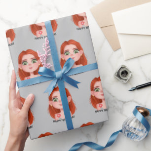 Papel De Regalo Personalizado Chica de cumpleaños con pelo rojo