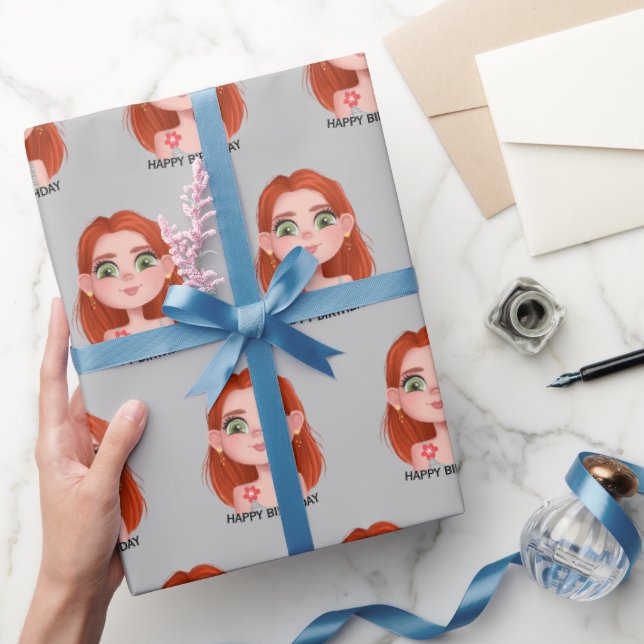 Papel De Regalo Personalizado Chica de cumpleaños con pelo rojo (Regalar)