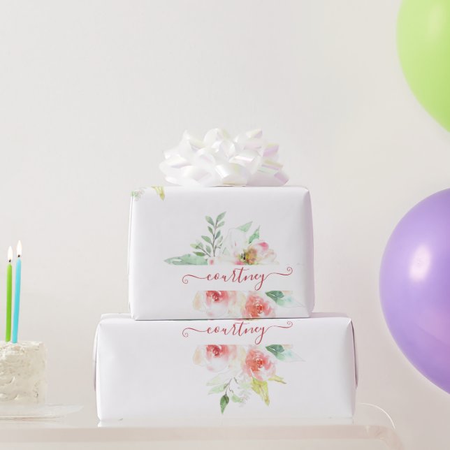 Papel de regalo personalizado con flores de acuare (Regalos de fiesta)