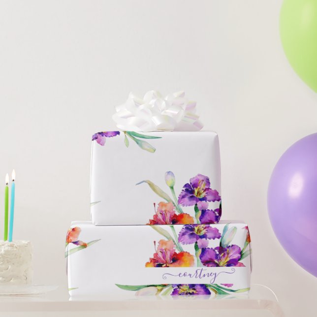 Papel de regalo personalizado con Iris acuarela pú (Regalos de fiesta)