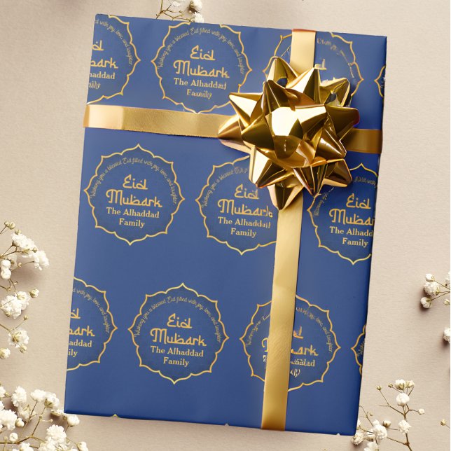 Papel De Regalo Personalizado con nombre azul y oro Eid Mubarak (Subido por el creador)