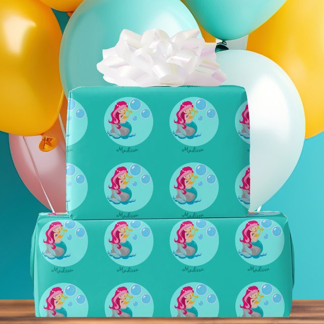 Papel De Regalo Personalizado Cute Chica de sirena Verde azulada (Subido por el creador)