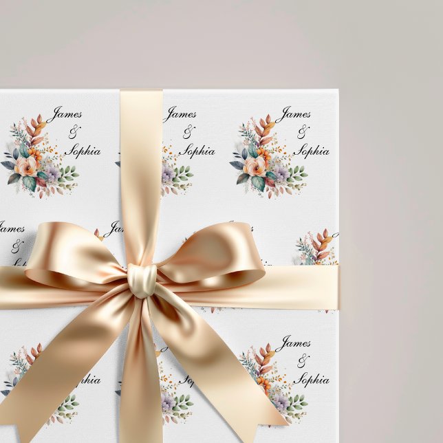 Papel de Regalo Personalizado de Bodas Floral para (Wedding Names Wrapping Paper, Engagement Gift Wrapping Paper, Bridal Shower Wrapping Paper)