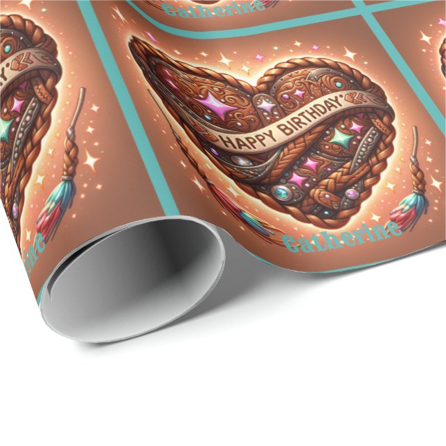 Papel De Regalo Personalizado de corazón impreso de cuero de cumpl (Esquina del rollo)