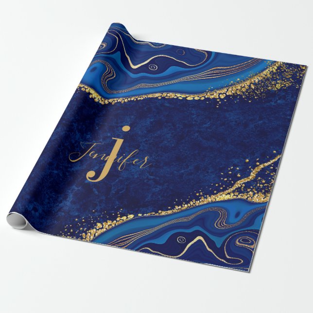 Papel De Regalo Personalizado de decoración elegante dorada y azul (Desenrollado)
