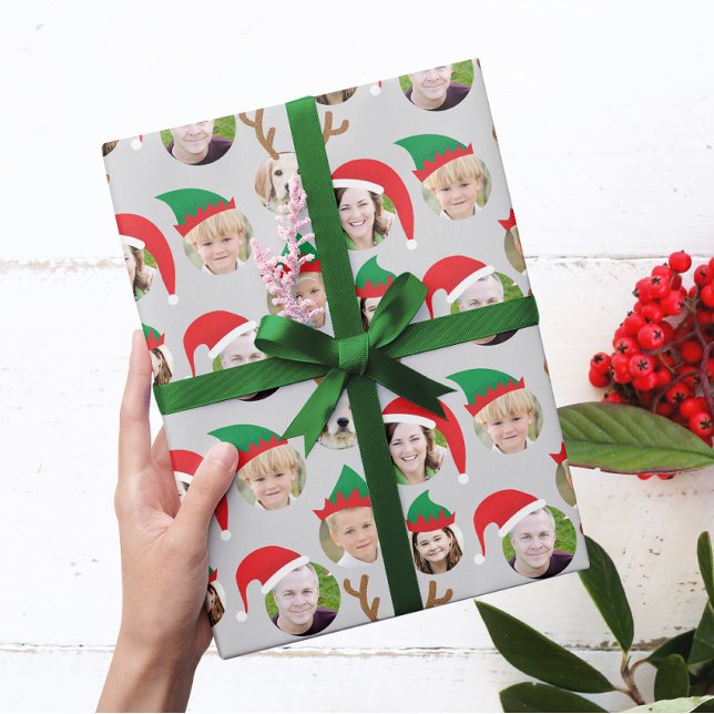 Papel De Regalo Personalizado de equipo de navidades Six Photo Fun (six of your photos get festive with reindeer antlers, Santa and elf hats on a gray background)