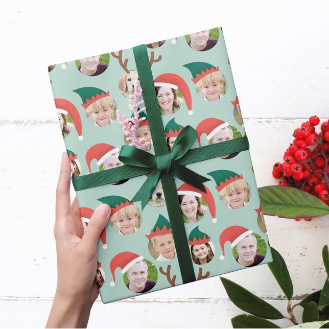 Papel De Regalo Personalizado de equipo de navidades Six Photo Fun (six of your photos get festive with reindeer antlers, Santa and elf hats on a mint green background)