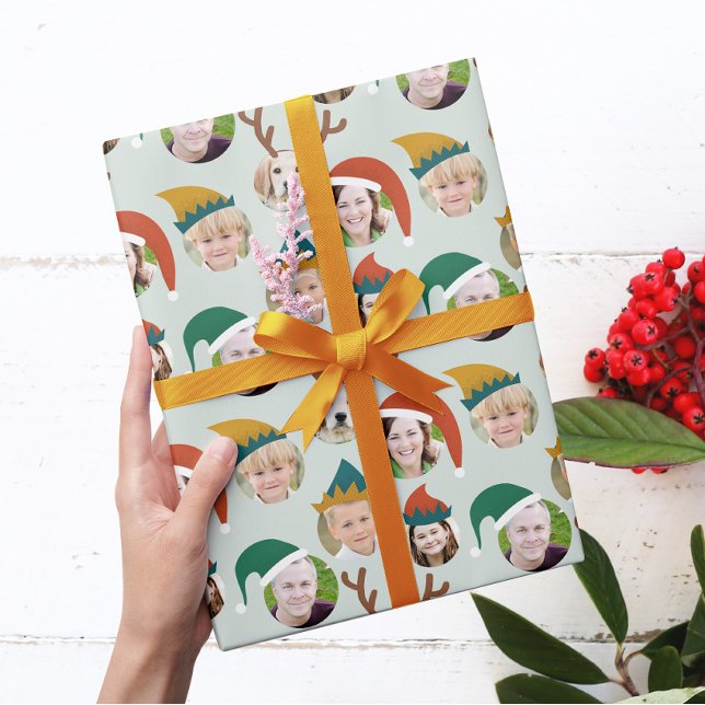Papel De Regalo Personalizado de equipo de navidades Six Photo Fun (six of your photos get festive with reindeer antlers, Santa and elf hats on a pale green background)