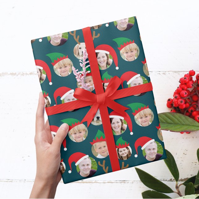 Papel De Regalo Personalizado de equipo de navidades Six Photo Fun (six of your photos get festive with reindeer antlers, Santa and elf hats on a navy blue background)