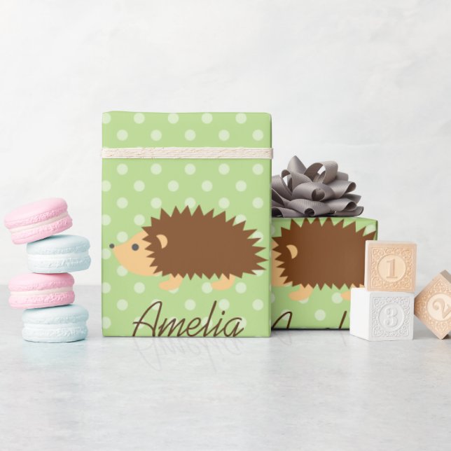 Papel de regalo personalizado de erizo con lunares (Baby Shower)