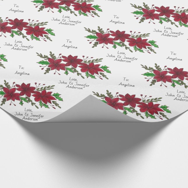 Papel De Regalo Personalizado de feriado de Poinsettia Rojo Floral (Esquina)