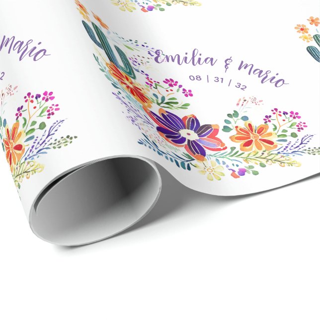 Papel De Regalo PERSONALIZADO de Flores Folkart de FIESTA Cacti (Esquina del rollo)