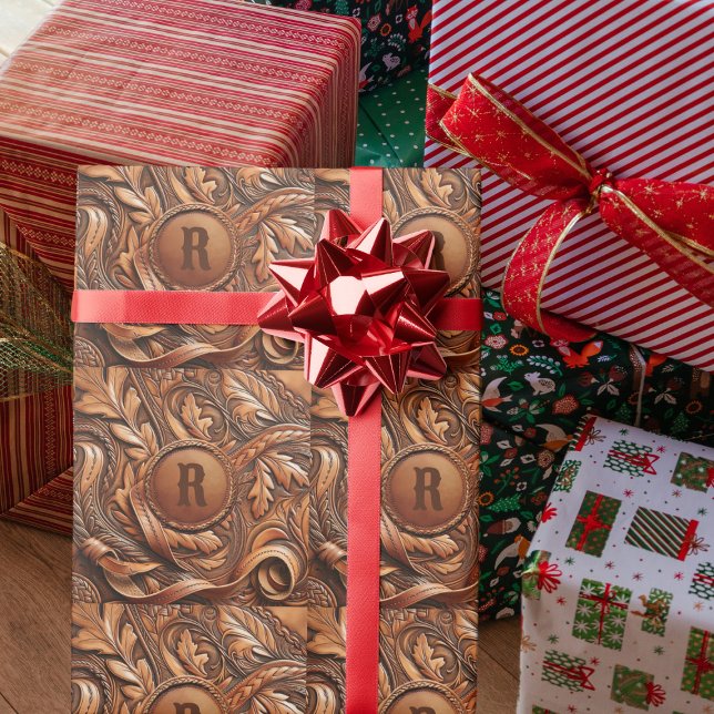 Papel De Regalo Personalizado de impresión de cuero con herramient (Western Tooled Leather Collection 
Custom Initial  Gift Wrapping Paper)