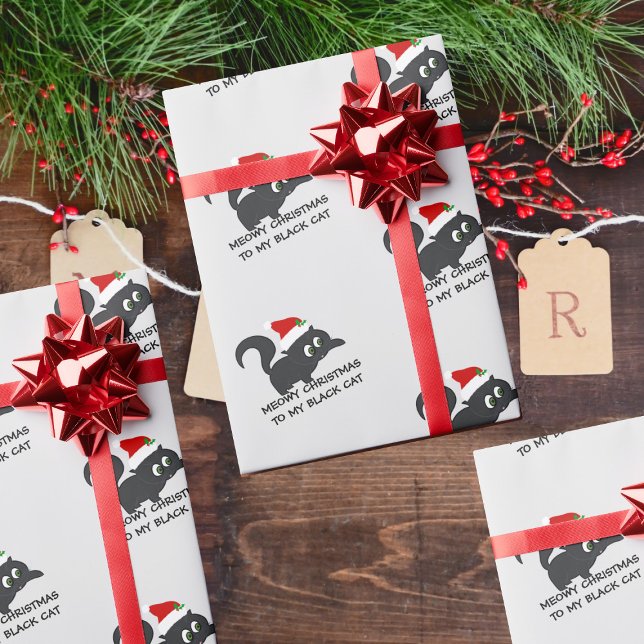 Papel de regalo personalizado de Navidad para gato (Meowy Christmas from my black cat to yours!)
