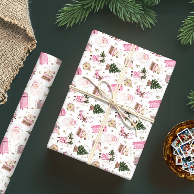Papel De Regalo Personalizado de Navidades rosados Santa Retro (Vintage Santa Retro Pink Christmas Custom Monogram Wrapping Paper)