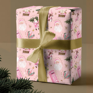 Papel De Regalo Personalizado de Navidades rosados Santa Retro