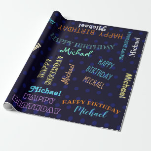 Papel De Regalo Personalizado del nombre de cumpleaños feliz azul 