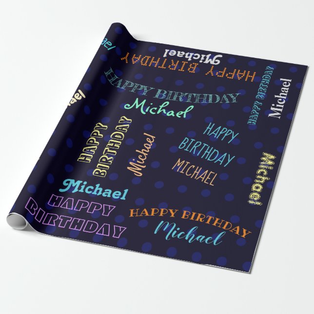 Papel De Regalo Personalizado del nombre de cumpleaños feliz azul  (Desenrollado)
