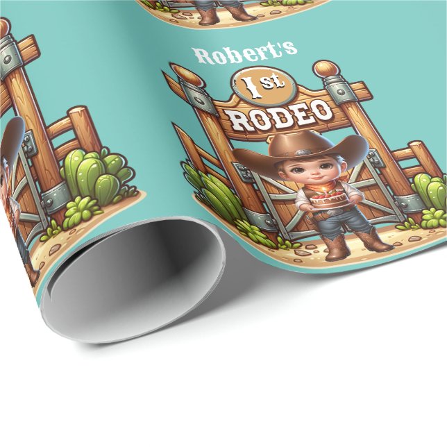 Papel De Regalo Personalizado del primer cumpleaños de Rodeo de Co (Esquina del rollo)