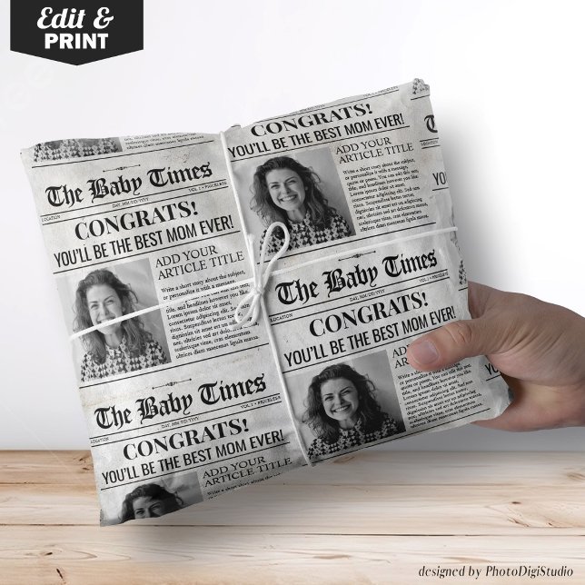 Papel De Regalo Personalizado Embarazo Revelar el regalo de periód (Custom Baby Shower Newspaper Wrap, Baby Shower Wrapping Paper ()