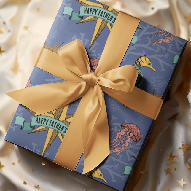 Papel De Regalo Personalizado Estrella Náutica de la Marina Mensaj (Cool Nautical Hand-drawn Illustration in Black Ink with Beautiful Ocean Life Scene. Custom Text!)