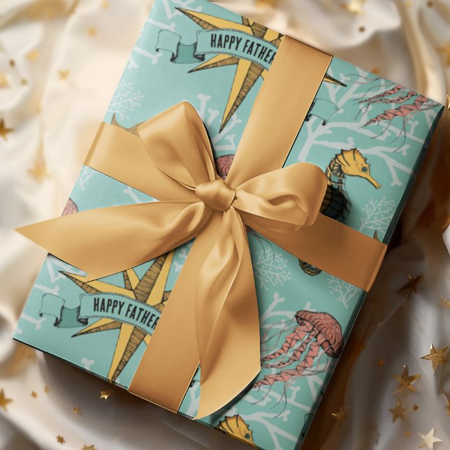 Papel De Regalo Personalizado Estrella Náutica verde azulada Mensa (Cool Nautical Hand-drawn Illustration in Black Ink with Beautiful Ocean Life Scene. Custom Text!)