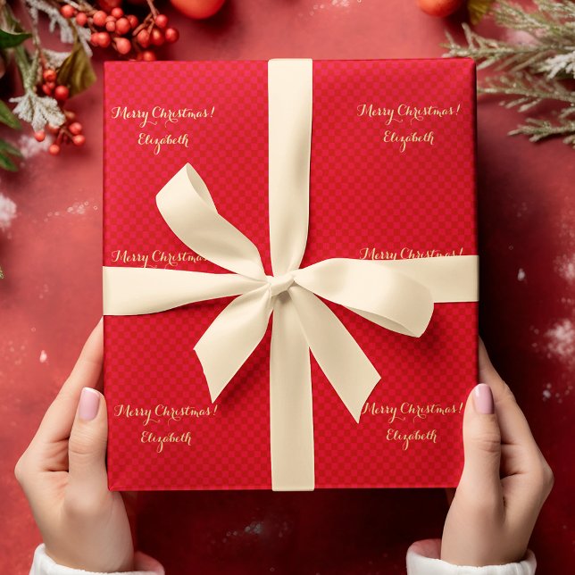 Papel De Regalo Personalizado Faux Gold Script Merry Christmas Red (Custom Faux Gold Script Merry Christmas Red Checks Wrapping Paper)