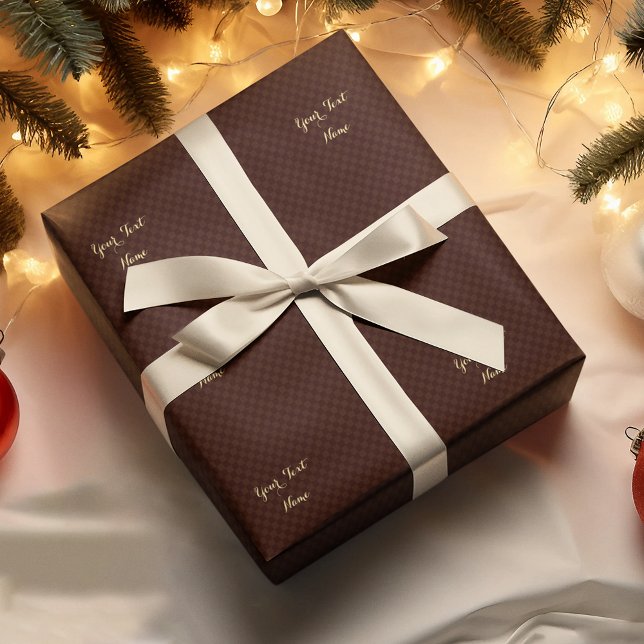 Papel De Regalo Personalizado Faux Gold Script Moderno Brown Check (Custom Faux Gold Script Modern Brown Check Pattern Wrapping Paper)