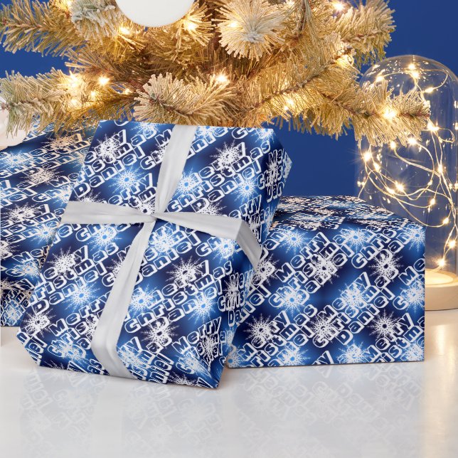Papel De Regalo Personalizado Feliz Navidad Nombre Snowflakes Blue (Vacaciones)