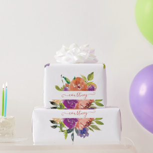Papel De Regalo Personalizado floral acuarela púrpura y naranja