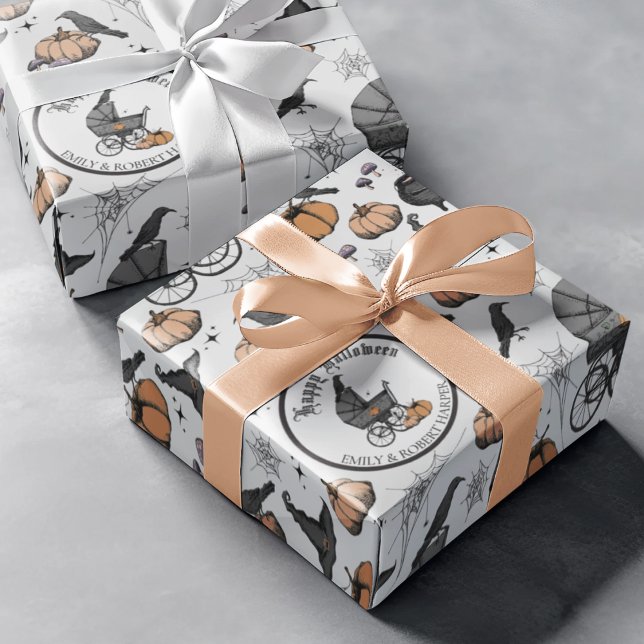 Papel De Regalo Personalizado Gótico Bebé Gris Carrito Halloween (Spooky yet Elegant Victorian Baby Carriage Custom Halloween Wrapping Paper. Hand-Drawn in Black Ink)
