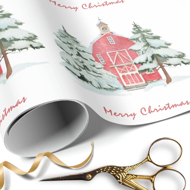 Papel De Regalo Personalizado Green Forest Red Barn Pine Christmas (Subido por el creador)