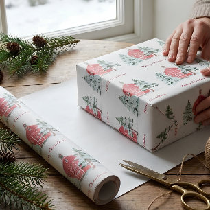 Papel De Regalo Personalizado Green Forest Red Barn Pine Christmas